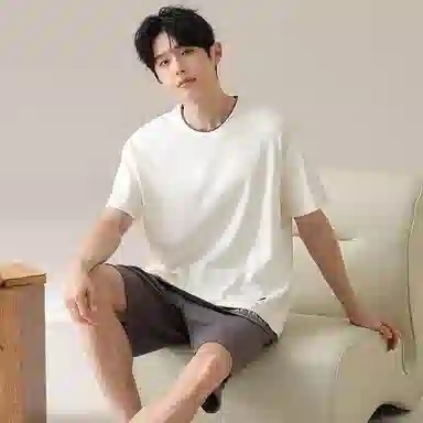 夏芬妍 亲肤舒适假两件纯棉圆领家居服柔软休闲短袖短裤时尚可外穿睡衣套装 男款 杏色