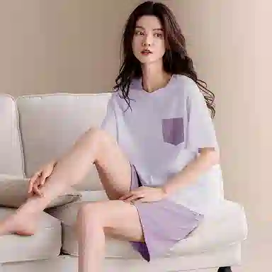 夏芬妍 柔软舒适休闲圆领纯色贴袋纯棉短袖短裤时尚可外穿家居服睡衣套装 男女同款
