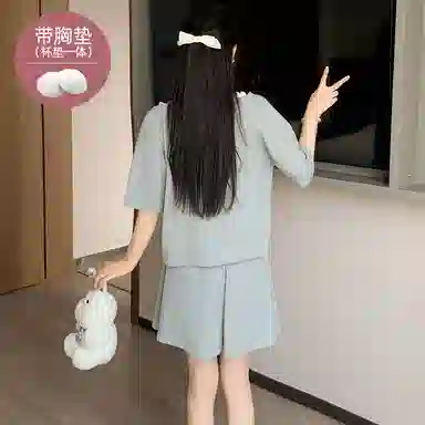 夏芬妍 柔软舒适甜美纯色假两件冰丝螺纹家居服亲肤休闲带胸垫短袖短裤时尚可外穿睡衣套装 女款 灰色