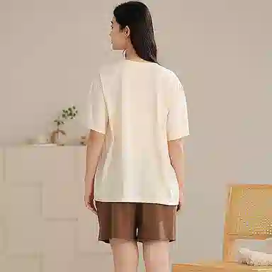 夏芬妍 时尚柔软亲肤纯色圆领家居服简约休闲舒适短袖短裤可外穿睡衣套装 女款 米黄色