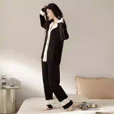 夏芬妍 简约高级感开衫家居服保暖蓄温可外穿长袖长裤睡衣套装 女款 黑色