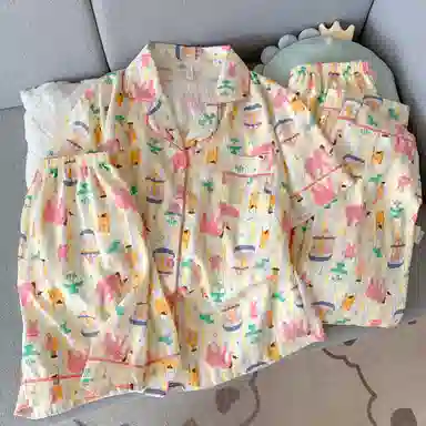 夏芬妍 柔软舒适卡通游乐小象云朵棉翻领开衫家居服亲肤休闲短袖三件套时尚可外穿夏季睡衣套装 女款