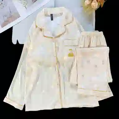 夏芬妍 简约休闲高级感樱桃冰丝翻领带胸垫家居服舒适亲肤宽松长袖长裤可外穿睡衣套装 女款 杏色