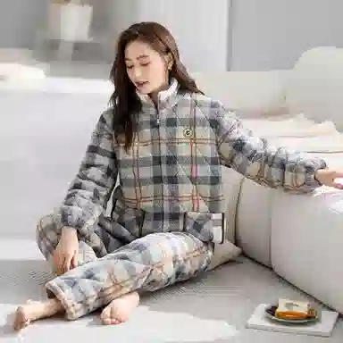 夏芬妍 舒适休闲复古经典格纹立领开衫三层夹棉家居服宽松长袖长裤可外穿秋冬款睡衣套装 女款 橄榄绿