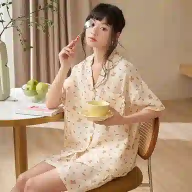 夏芬妍 甜美柔软舒适蝴蝶结小樱桃云朵棉翻领家居服亲肤休闲短袖短裤可外穿睡衣套装 女款 杏色