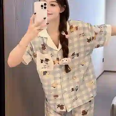 夏芬妍 柔软舒适格子小狗云朵棉翻领开衫家居服亲肤休闲短袖短裤时尚可外穿睡衣套装 女款 蓝色