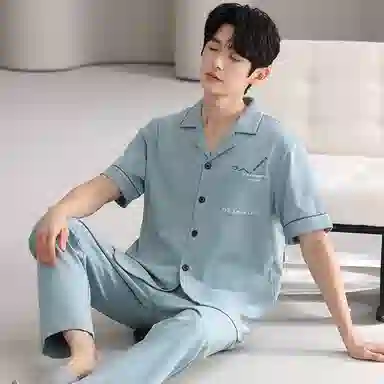 夏芬妍 简约舒适纯色纯棉翻领家居服亲肤宽松休闲短袖短裤长裤三件套时尚可外穿睡衣套装 男款 青蓝色