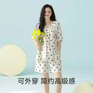 夏芬妍 柔软舒适透气亲肤波点圆领家居服休闲凉感短袖时尚可外穿睡衣套装 女款 杏色