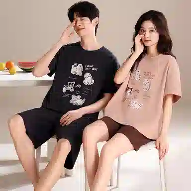 夏芬妍 简约柔软舒适可爱萌狗纯棉圆领家居服透气亲肤宽松短袖短裤可外穿睡衣套装 男女同款