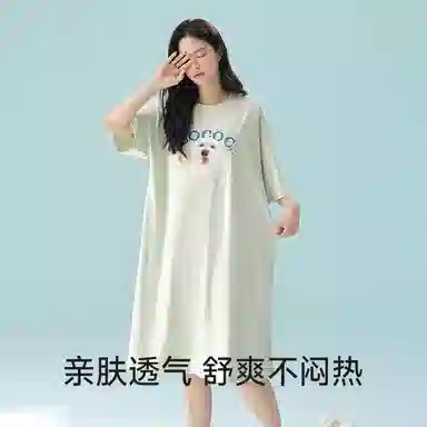 夏芬妍 时尚舒适柔软纯色萌萌小狗莫代尔棉睡衣家居服凉感透气亲肤宽松短袖短裤可外穿睡裙 女款 浅绿色
