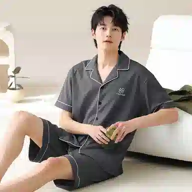夏芬妍 简约舒适柔软高级感纯色纯棉翻领开衫家居服亲肤休闲短袖短裤时尚可外穿睡衣套装 男款 深灰色