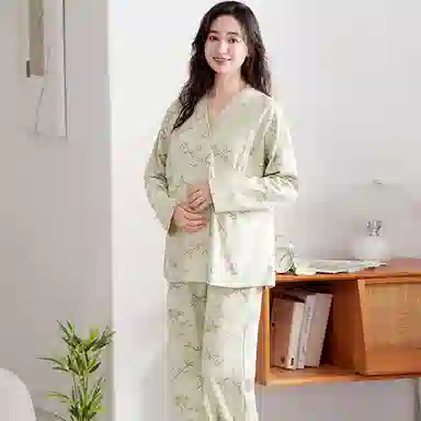 夏芬妍 舒适亲肤竹子满印带胸垫家居服休闲宽松长袖长裤可外穿产前产后月子服睡衣套装 女款 绿色
