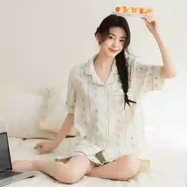 夏芬妍 甜美可爱卡通婴儿棉双层纱翻领短袖短裤家居服简约休闲可外穿睡衣套装 女款