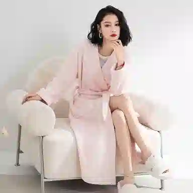 夏芬妍 时尚柔软亲肤纯色加绒加厚蓄温保暖舒适宽松长款休闲家居服睡袍 女款 粉色