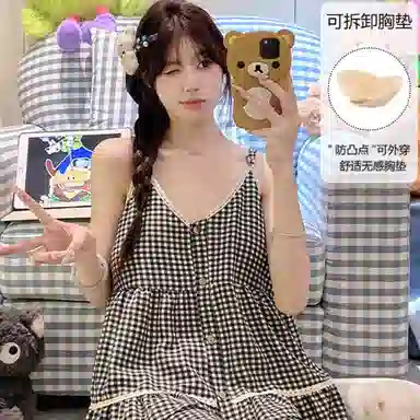夏芬妍 甜美蕾丝格子舒适亲肤宽松吊带短裤简约休闲带可拆卸胸垫可外穿家居服夏季睡衣套装 女款