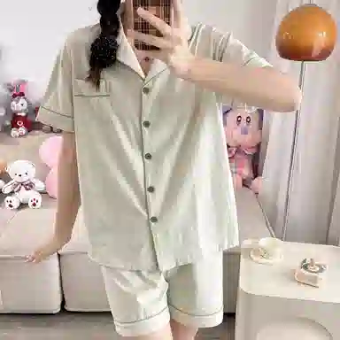 夏芬妍 简约休闲舒适时尚纯色纯棉翻领家居服亲肤宽松短袖短裤可外穿睡衣套装 女款