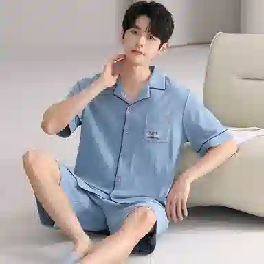 夏芬妍 简约舒适纯色纯棉翻领家居服亲肤宽松休闲短袖短裤长裤三件套时尚可外穿睡衣套装 男款 蓝色
