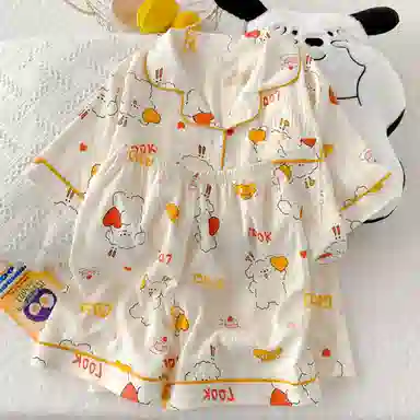 夏芬妍 柔软舒适爱心小狗云朵棉翻领开衫家居服亲肤休闲短袖短裤可外穿睡衣套装 女款 杏色