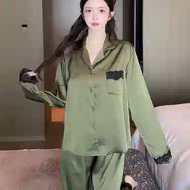 夏芬妍 简约休闲高级感翻领家居服舒适亲肤长袖长裤可外穿睡衣套装 女款 绿色