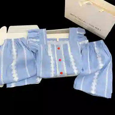 夏芬妍 甜美少女风蕾丝条纹小飞袖家居服舒适柔软休闲带胸垫三件套可外穿睡衣套装 女款