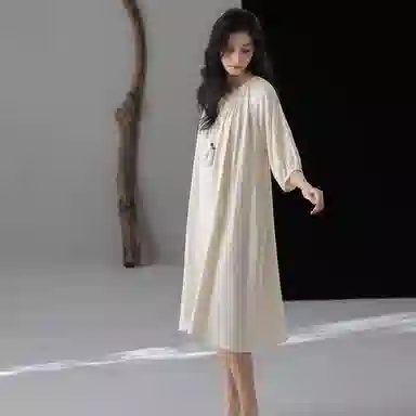 夏芬妍  轻盈舒适柔软侘寂风纯色绑绳睡衣家居服休闲亲肤宽松短袖可外穿睡裙 女款 杏色
