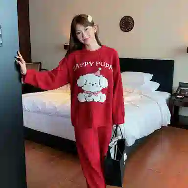 夏芬妍 简约甜美柔软亲肤快乐小狗英文套头半边绒家居服加绒加厚蓄温保暖长袖长裤可外穿秋冬款睡衣套装 女款 红色