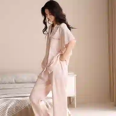 夏芬妍 简约舒适柔软不规则纹理纯棉家居服透气亲肤宽松短袖翻领三件套可外穿睡衣套装 女款 粉色