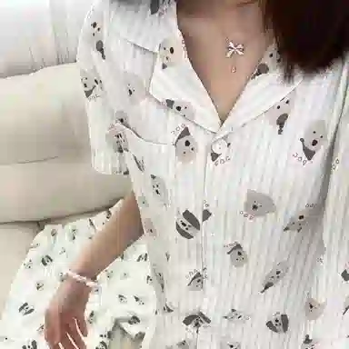 夏芬妍 柔软舒适条纹萌狗云朵棉翻领开衫家居服亲肤休闲短袖三件套时尚可外穿睡衣套装 女款 蓝色
