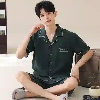 夏芬妍 简约舒适柔软翻领家居服亲肤休闲短袖上衣可外穿五分裤睡衣套装 男款 墨绿色