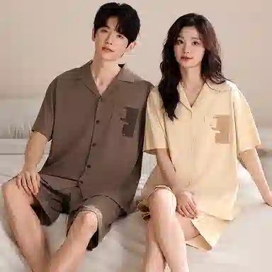 夏芬妍 简约柔软舒适纯色小猫贴袋纯棉翻领家居服透气亲肤宽松短袖短裤可外穿睡衣套装 男女同款