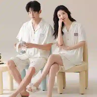 夏芬妍 简约休闲简约条纹云朵棉翻领舒适亲肤宽松短袖短裤时尚可外穿家居服睡衣套装 男女同款 杏色