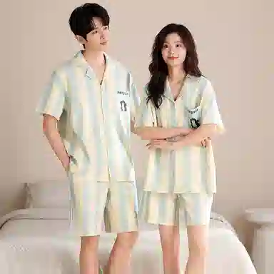 夏芬妍 简约舒适柔软条纹卡通英文纯棉翻领家居服透气亲肤宽松短袖短裤可外穿睡衣套装 男女同款