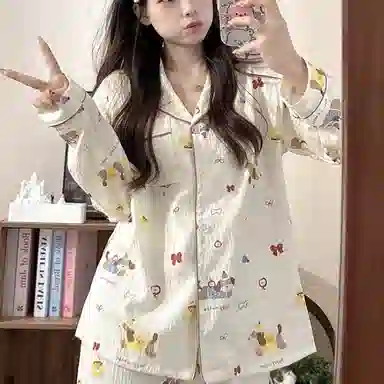 夏芬妍 柔软舒适萌狗乐园云朵棉开衫家居服亲肤休闲长袖长裤可外穿春秋款睡衣套装 女款 杏色