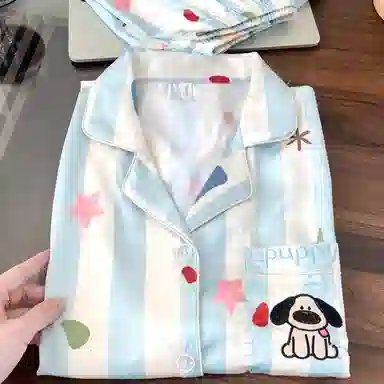 夏芬妍 甜美休闲舒适条纹星星小狗冰丝家居服亲肤宽松短袖短裤长裤时尚可外穿睡衣套装 女款