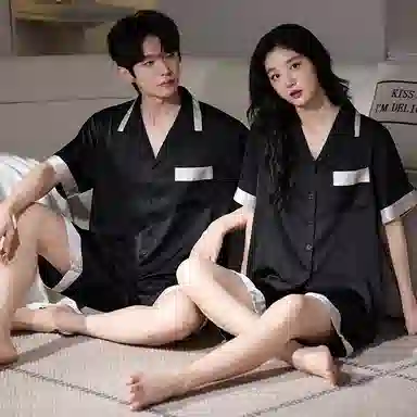 夏芬妍 简约高级感舒适凉感撞色缎面冰雪丝翻领家居服亲肤休闲短袖短裤时尚可外穿夏季薄款睡衣套装 男女同款 黑色