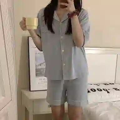夏芬妍 简约休闲舒适时尚纯色纯棉翻领家居服亲肤宽松短袖短裤可外穿睡衣套装 女款