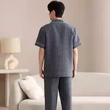 夏芬妍 简约舒适柔软百搭格纹云朵棉翻领开衫亲肤休闲短袖长裤时尚可外穿家居服睡衣套装 男款 深灰色