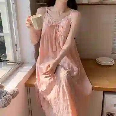 夏芬妍 甜美可爱少女粉蕾丝边蝴蝶结吊带家居服舒适柔软休闲带胸垫可外穿睡裙 女款