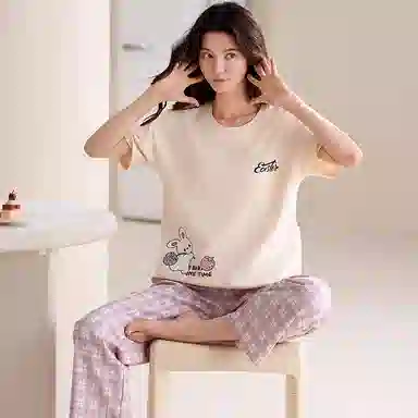 夏芬妍 简约舒适柔软复古格子草莓兔纯棉家居服透气亲肤宽松短袖圆领套头三件套可外穿睡衣套装 女款 紫色