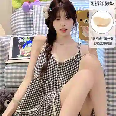 夏芬妍 甜美蕾丝格子舒适亲肤宽松吊带短裤简约休闲带可拆卸胸垫可外穿家居服夏季睡衣套装 女款