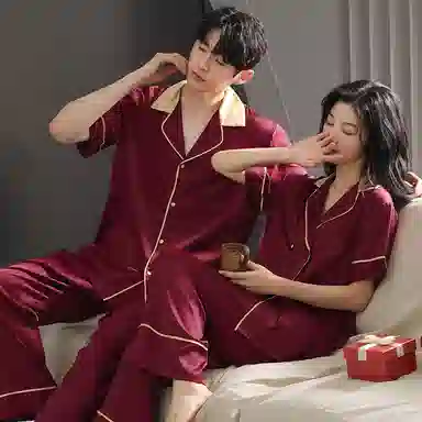 夏芬妍 大红喜庆系列  舒适丝滑柔软结婚本命年翻领丝绸冰丝家居服休闲长袖短袖长裤可外穿睡衣套装 男女同款