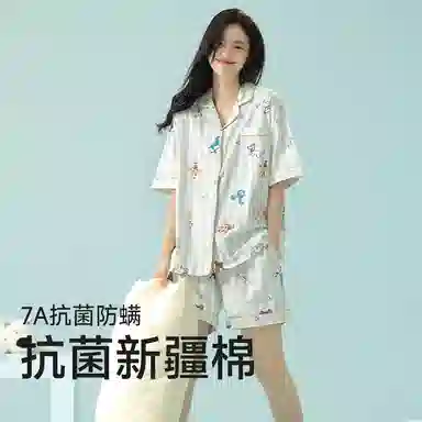 夏芬妍 柔软舒适透气亲肤童趣小狗印花翻领家居服休闲宽松凉感短袖时尚可外穿睡衣套装 女款 蓝色