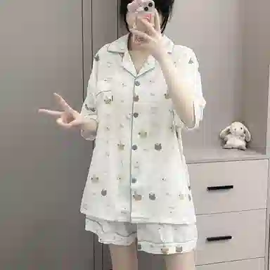 夏芬妍 柔软舒适派对萌宠云朵棉开衫家居服亲肤休闲短袖短裤时尚可外穿睡衣套装 女款 杏色