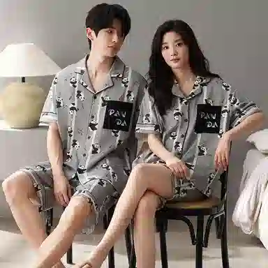 夏芬妍 简约舒适柔软爬树熊猫纯棉翻领家居服透气亲肤宽松短袖短裤可外穿睡衣套装 男女同款