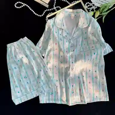 夏芬妍 可爱舒适卡通条纹小熊冰丝翻领家居服亲肤休闲短袖三件套时尚可外穿睡衣套装 女款