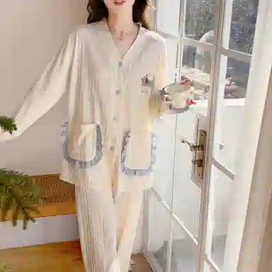 夏芬妍 甜美休闲舒适可爱腊肠狗提花开衫家居服亲肤宽松长袖长裤时尚可外穿睡衣套装 女款 杏色