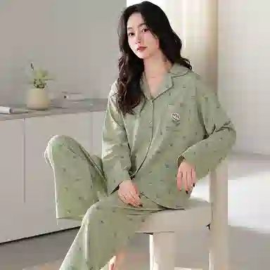夏芬妍 休闲舒适简约高级感花朵满印经典翻领开衫家居服宽松柔软亲肤长袖长裤可外穿睡衣套装 女款 绿色