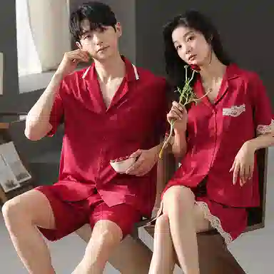 夏芬妍 大红喜庆系列  舒适丝滑柔软结婚本命年翻领冰丝家居服休闲长袖长裤短袖短裤可外穿睡衣套装 男女同款