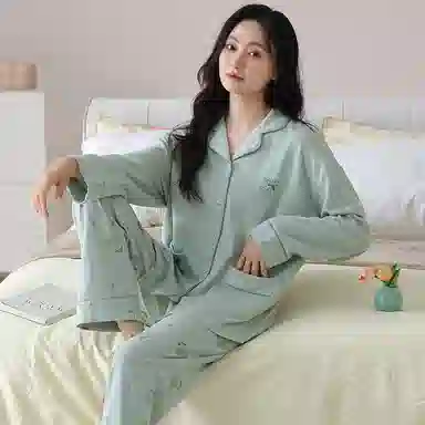 夏芬妍 休闲舒适简约高级感印花经典翻领开衫家居服柔软亲肤长袖长裤可外穿睡衣套装 女款 蓝色