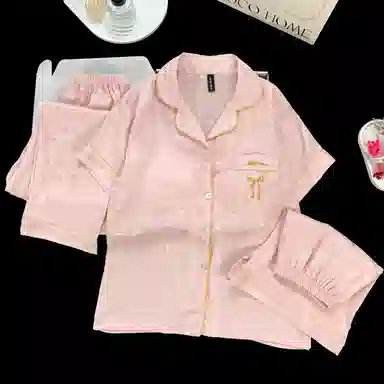夏芬妍 简约休闲高级感蝴蝶结冰丝翻领带胸垫家居服舒适亲肤宽松短袖三件套可外穿睡衣套装 女款 粉色